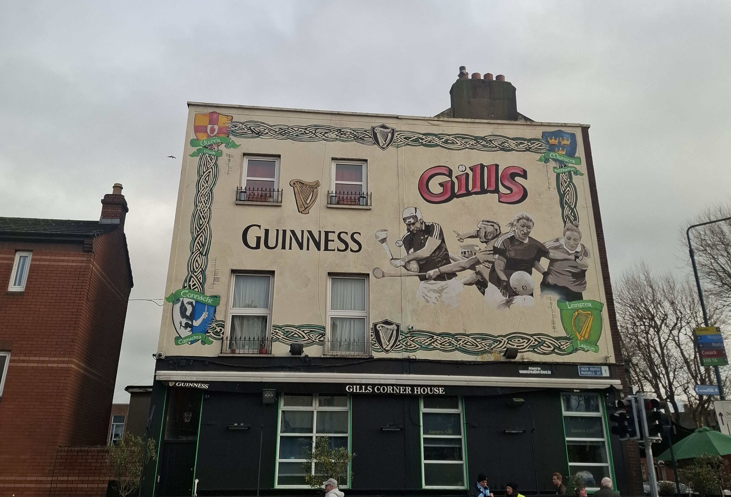 Pub wall in Dublin decorated with Croke Park and GAA memorabilia